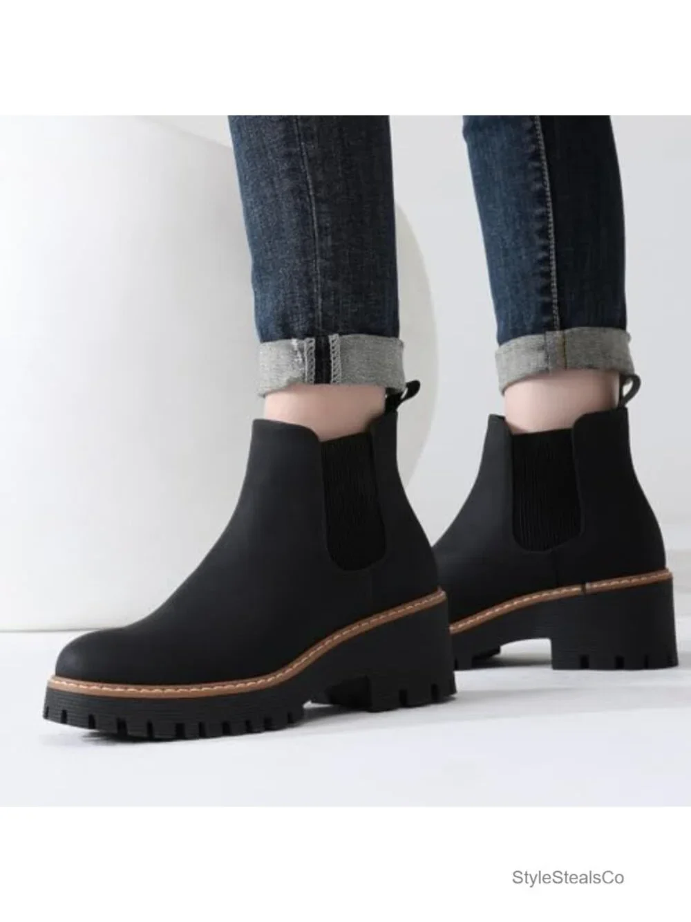 Chunky Platform Chelsea Ankle Boots Low Wedge Heel Faux Leather Suede